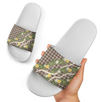 Aloha Puakenikeni Anthurium Pikake Lei Slide Sandals Chocolate Hawaiian Palaka Pattern