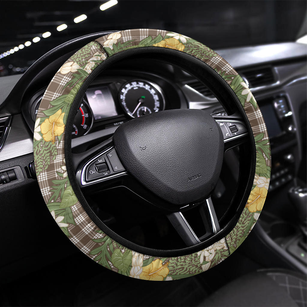 Aloha Puakenikeni Anthurium Pikake Lei Steering Wheel Cover Chocolate Hawaiian Palaka Pattern LT9 Universal Fit Chocolate - Polynesian Pride