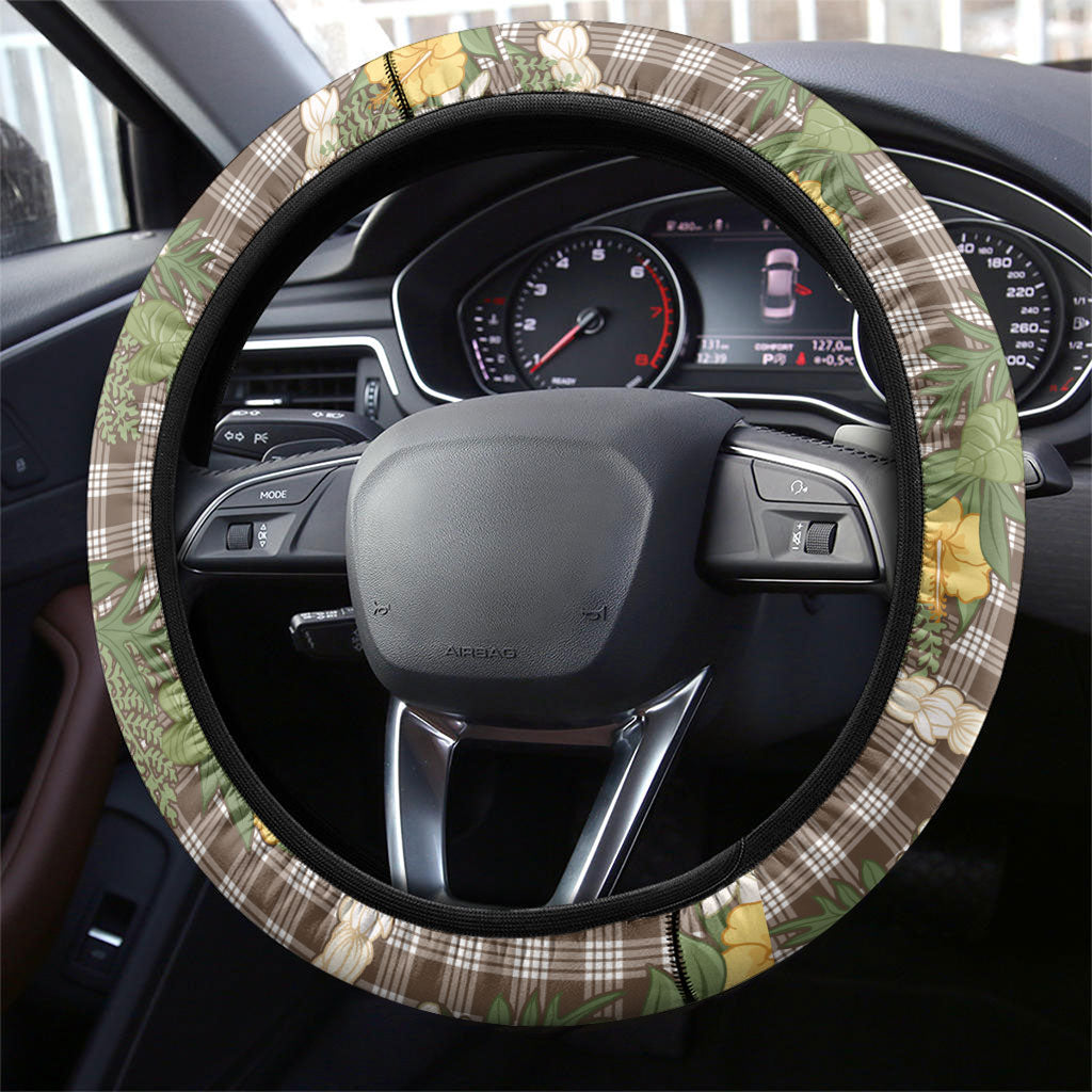 Aloha Puakenikeni Anthurium Pikake Lei Steering Wheel Cover Chocolate Hawaiian Palaka Pattern