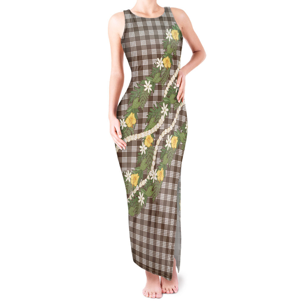 Aloha Puakenikeni Anthurium Pikake Lei Tank Maxi Dress Chocolate Hawaiian Palaka Pattern
