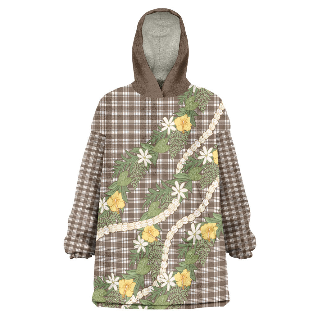 Aloha Puakenikeni Anthurium Pikake Lei Wearable Blanket Hoodie Chocolate Hawaiian Palaka Pattern