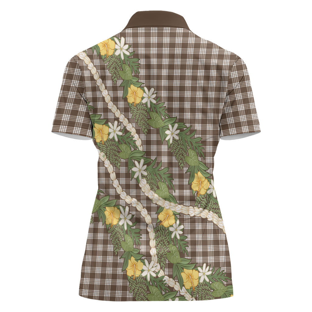 Aloha Puakenikeni Anthurium Pikake Lei Women Polo Shirt Chocolate Hawaiian Palaka Pattern