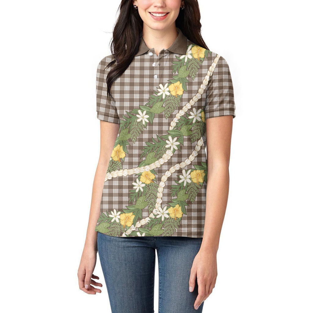 Aloha Puakenikeni Anthurium Pikake Lei Women Polo Shirt Chocolate Hawaiian Palaka Pattern