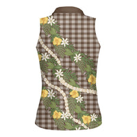 Aloha Puakenikeni Anthurium Pikake Lei Women Sleeveless Polo Shirt Chocolate Hawaiian Palaka Pattern