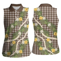 Aloha Puakenikeni Anthurium Pikake Lei Women Sleeveless Polo Shirt Chocolate Hawaiian Palaka Pattern