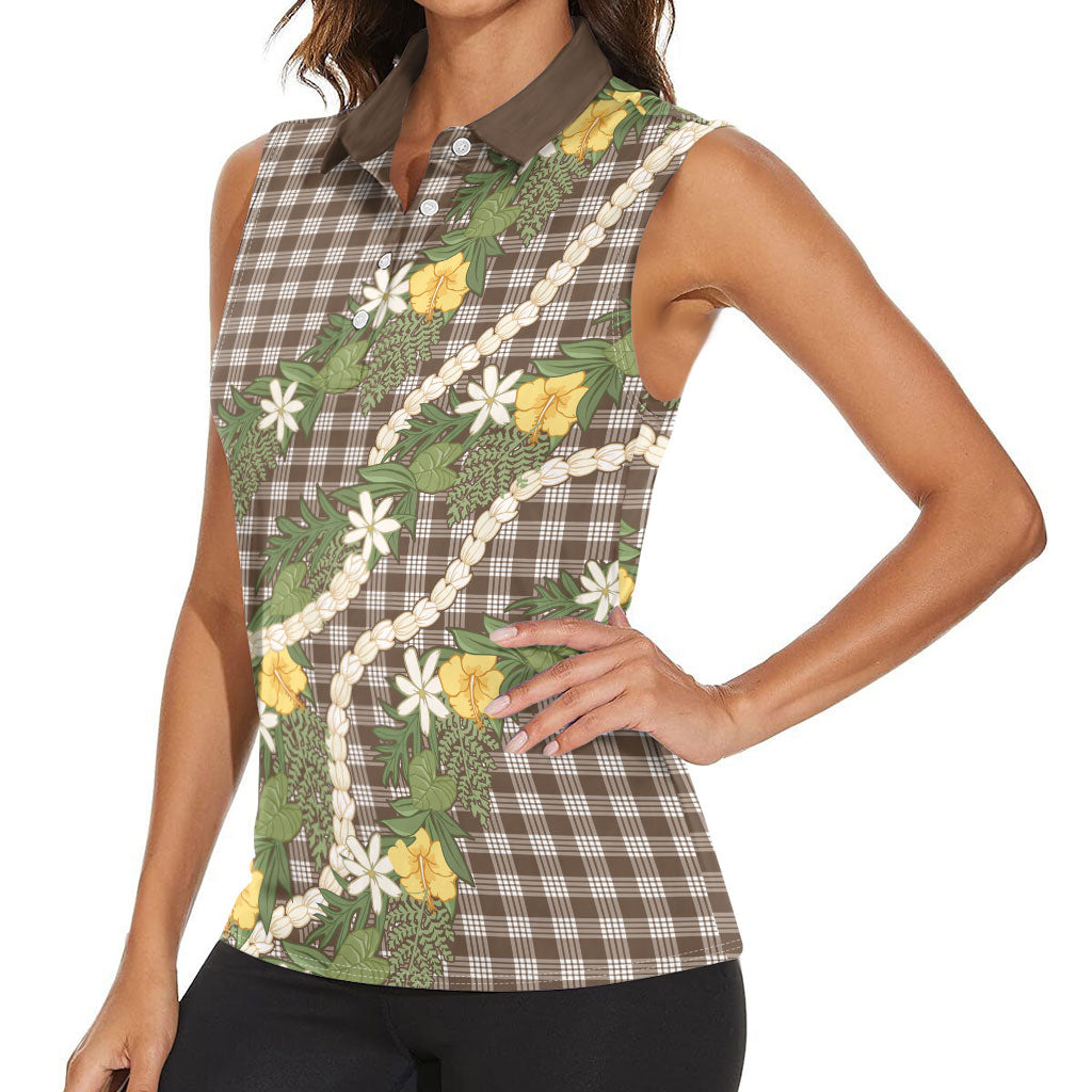 Aloha Puakenikeni Anthurium Pikake Lei Women Sleeveless Polo Shirt Chocolate Hawaiian Palaka Pattern
