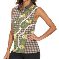 Aloha Puakenikeni Anthurium Pikake Lei Women Sleeveless Polo Shirt Chocolate Hawaiian Palaka Pattern