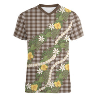 Aloha Puakenikeni Anthurium Pikake Lei Women V-Neck T-Shirt Chocolate Hawaiian Palaka Pattern