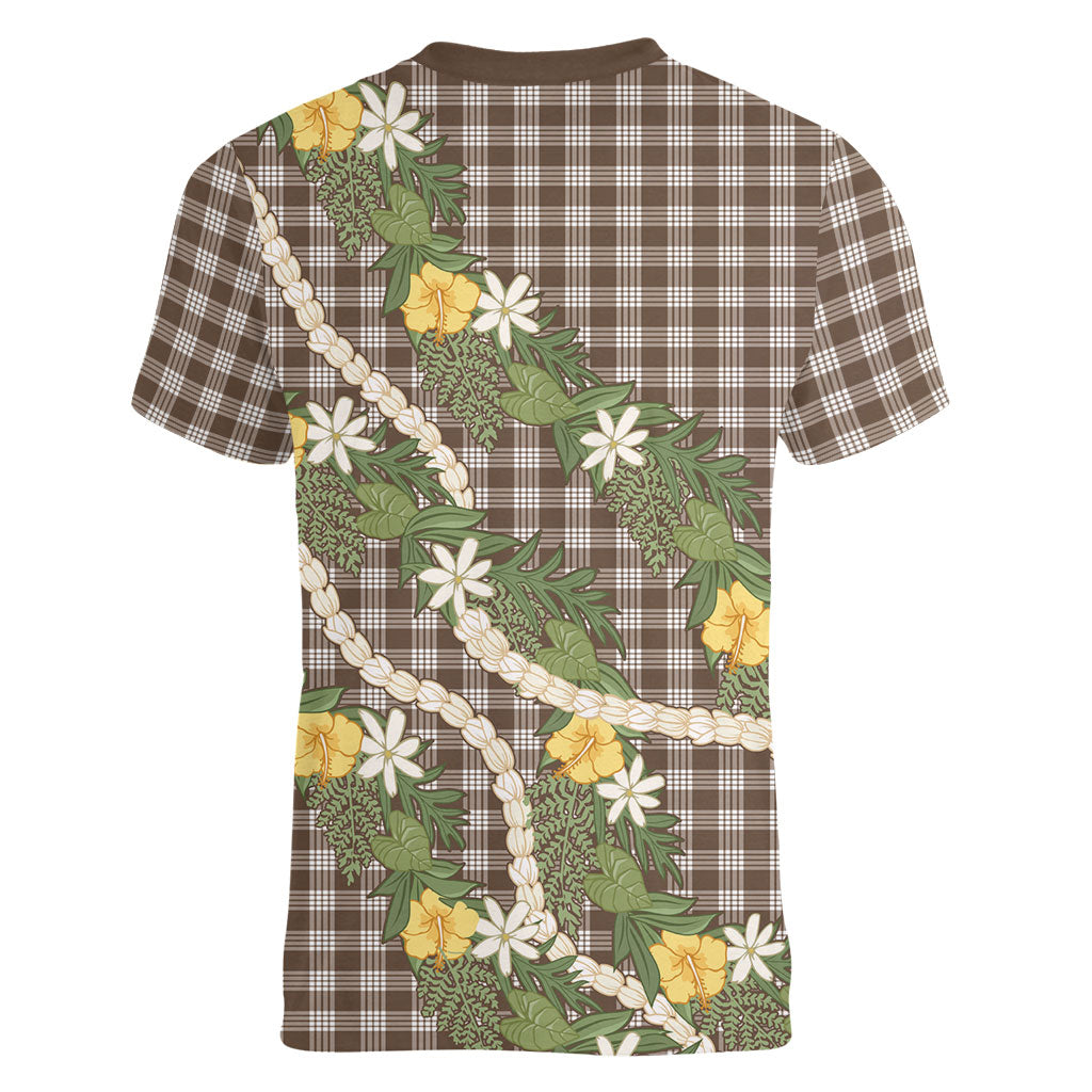 Aloha Puakenikeni Anthurium Pikake Lei Women V-Neck T-Shirt Chocolate Hawaiian Palaka Pattern
