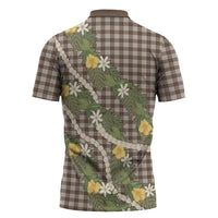 Aloha Puakenikeni Anthurium Pikake Lei Zipper Polo Shirt Chocolate Hawaiian Palaka Pattern