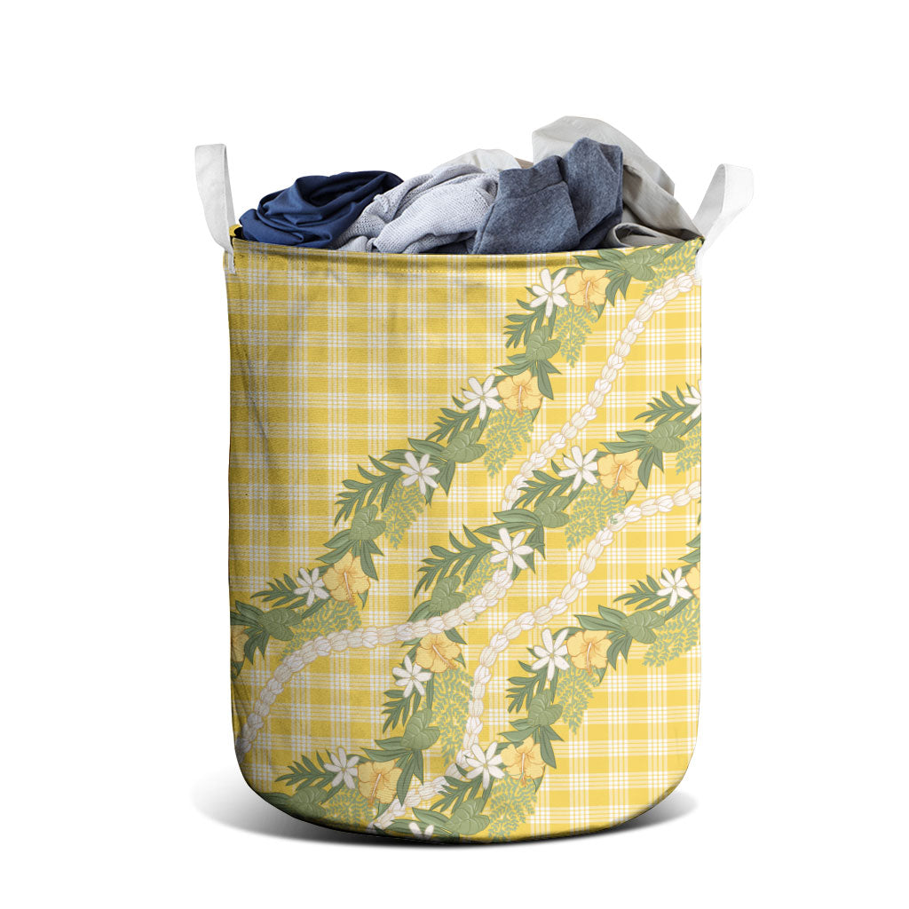 Aloha Puakenikeni Anthurium Pikake Lei Laundry Basket Gold Hawaiian Palaka Pattern