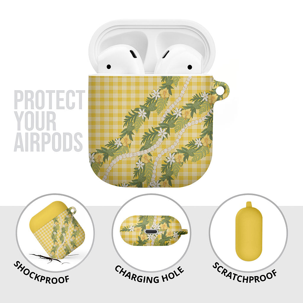 Aloha Puakenikeni Anthurium Pikake Lei AirPods Case Gold Hawaiian Palaka Pattern