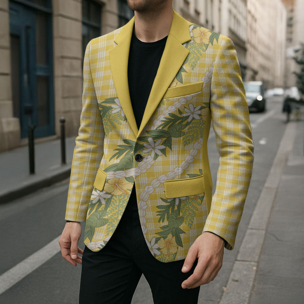 Aloha Puakenikeni Anthurium Pikake Lei Blazer Gold Hawaiian Palaka Pattern