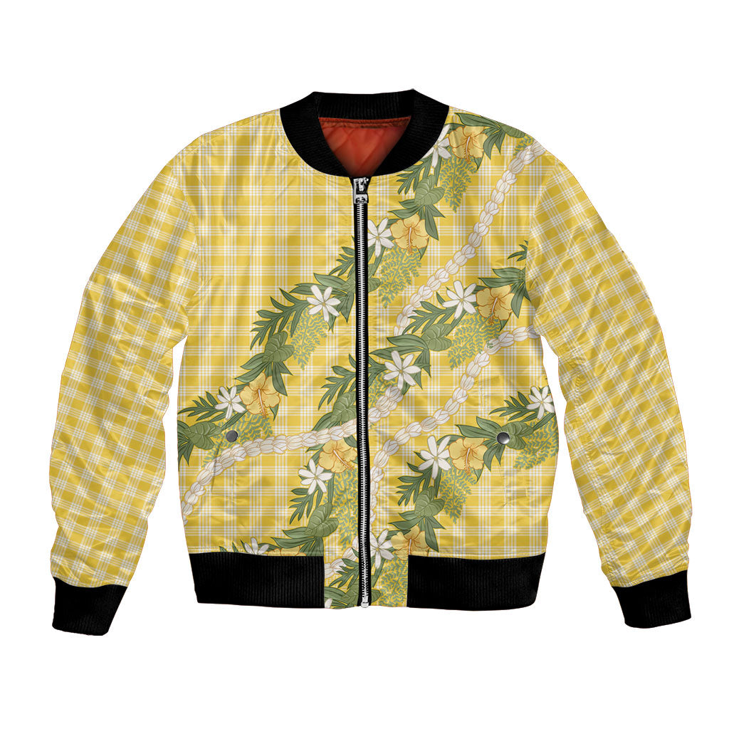 Aloha Puakenikeni Anthurium Pikake Lei Bomber Jacket Gold Hawaiian Palaka Pattern LT9 Unisex Gold - Polynesian Pride