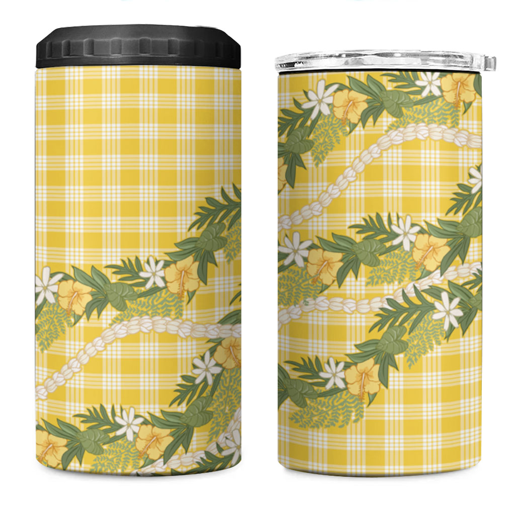Aloha Puakenikeni Anthurium Pikake Lei 4 in 1 Can Cooler Tumbler Gold Hawaiian Palaka Pattern