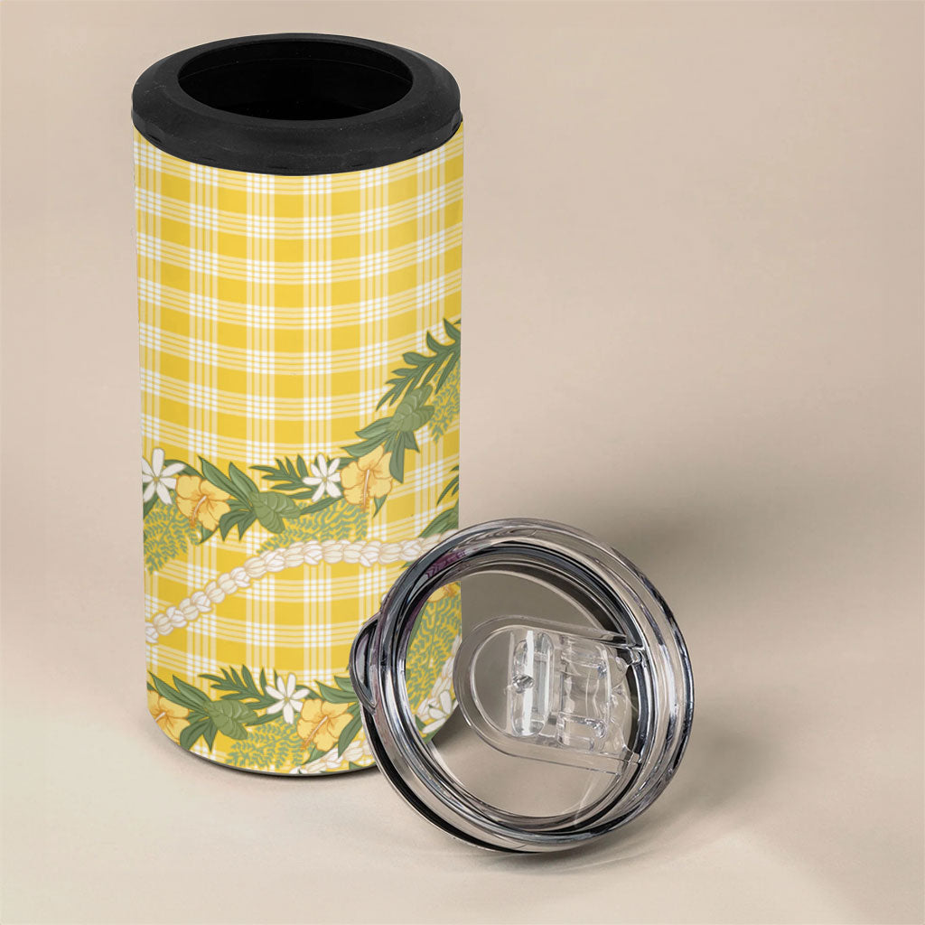 Aloha Puakenikeni Anthurium Pikake Lei 4 in 1 Can Cooler Tumbler Gold Hawaiian Palaka Pattern