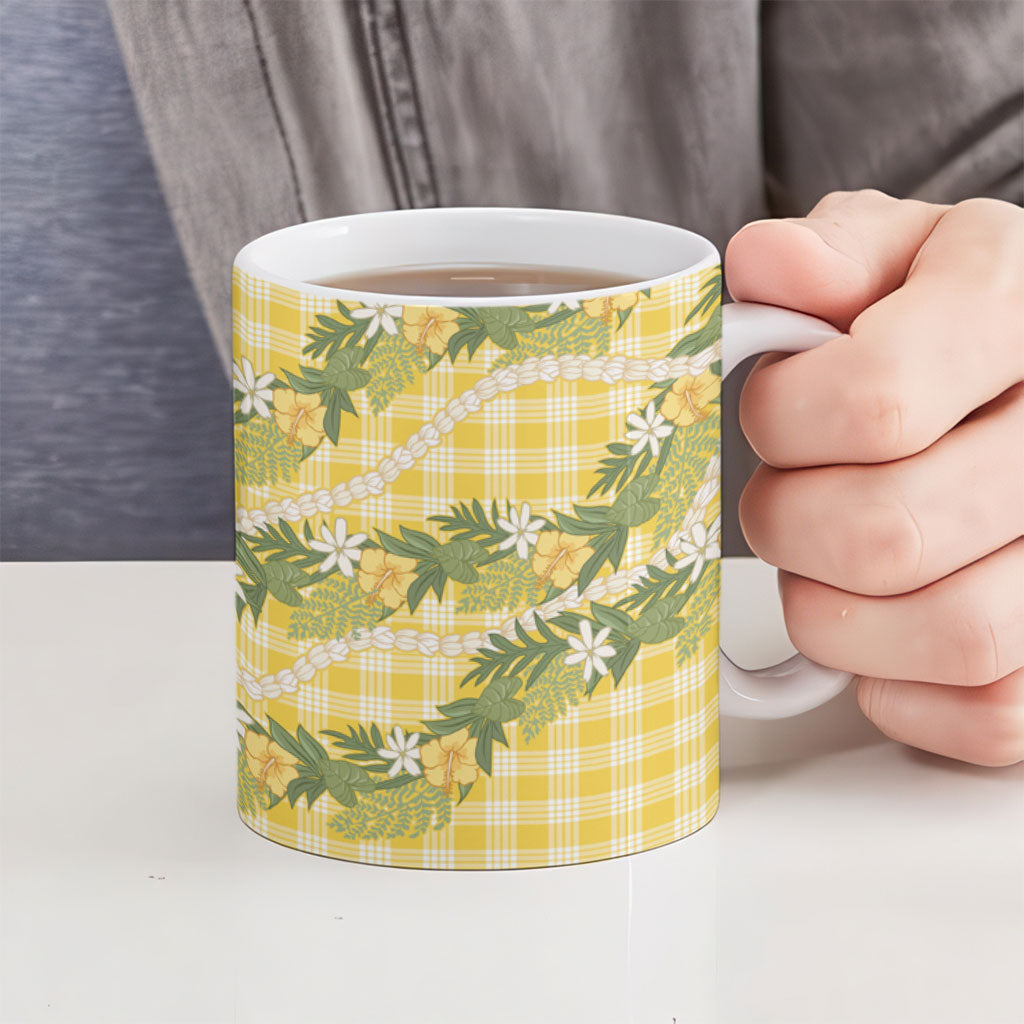 Aloha Puakenikeni Anthurium Pikake Lei Ceramic Mug Gold Hawaiian Palaka Pattern