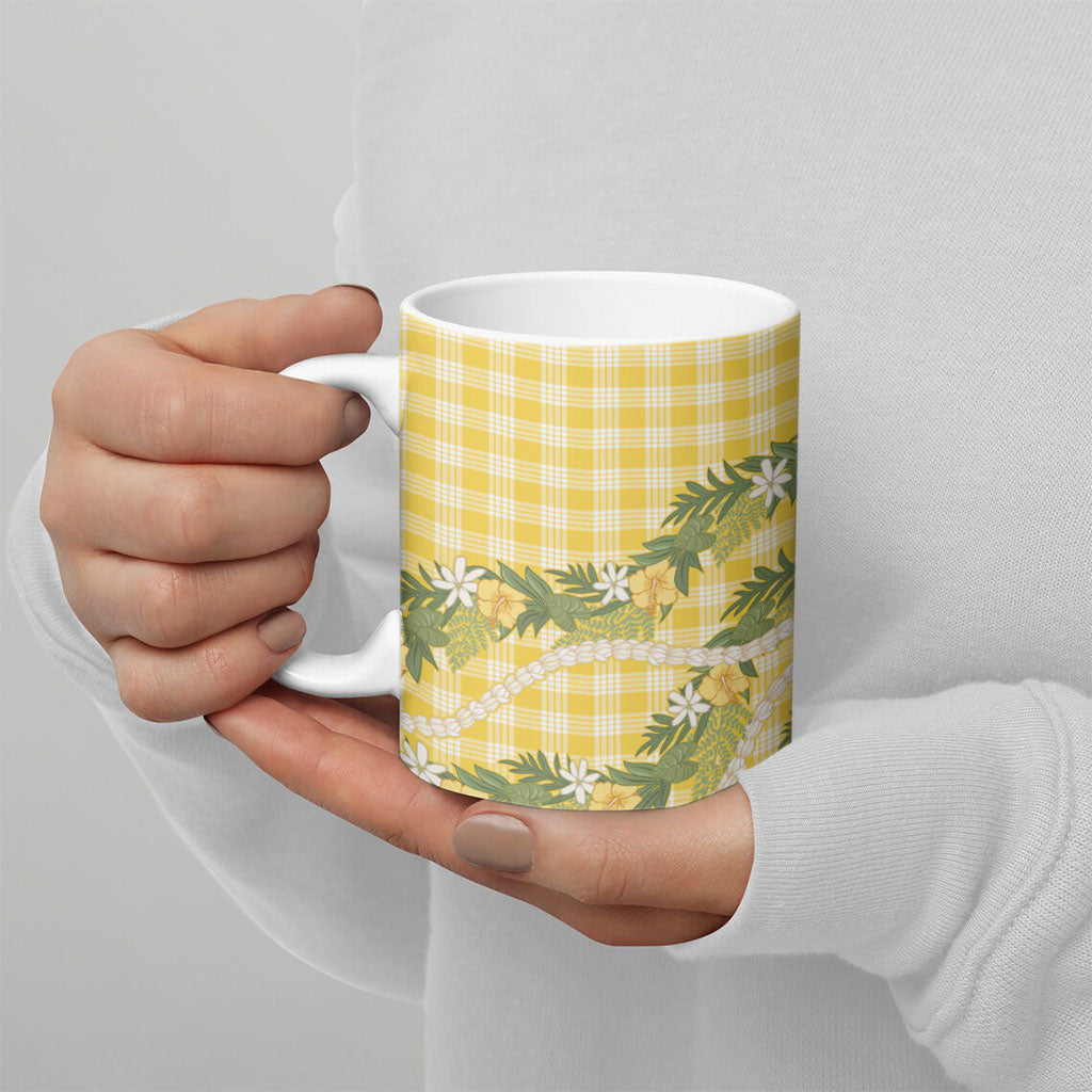 Aloha Puakenikeni Anthurium Pikake Lei Ceramic Mug Gold Hawaiian Palaka Pattern