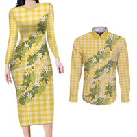 Aloha Puakenikeni Anthurium Pikake Lei Couples Matching Long Sleeve Bodycon Dress and Long Sleeve Button Shirt Gold Hawaiian Palaka Pattern