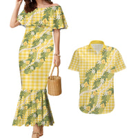 Aloha Puakenikeni Anthurium Pikake Lei Couples Matching Mermaid Dress and Hawaiian Shirt Gold Hawaiian Palaka Pattern
