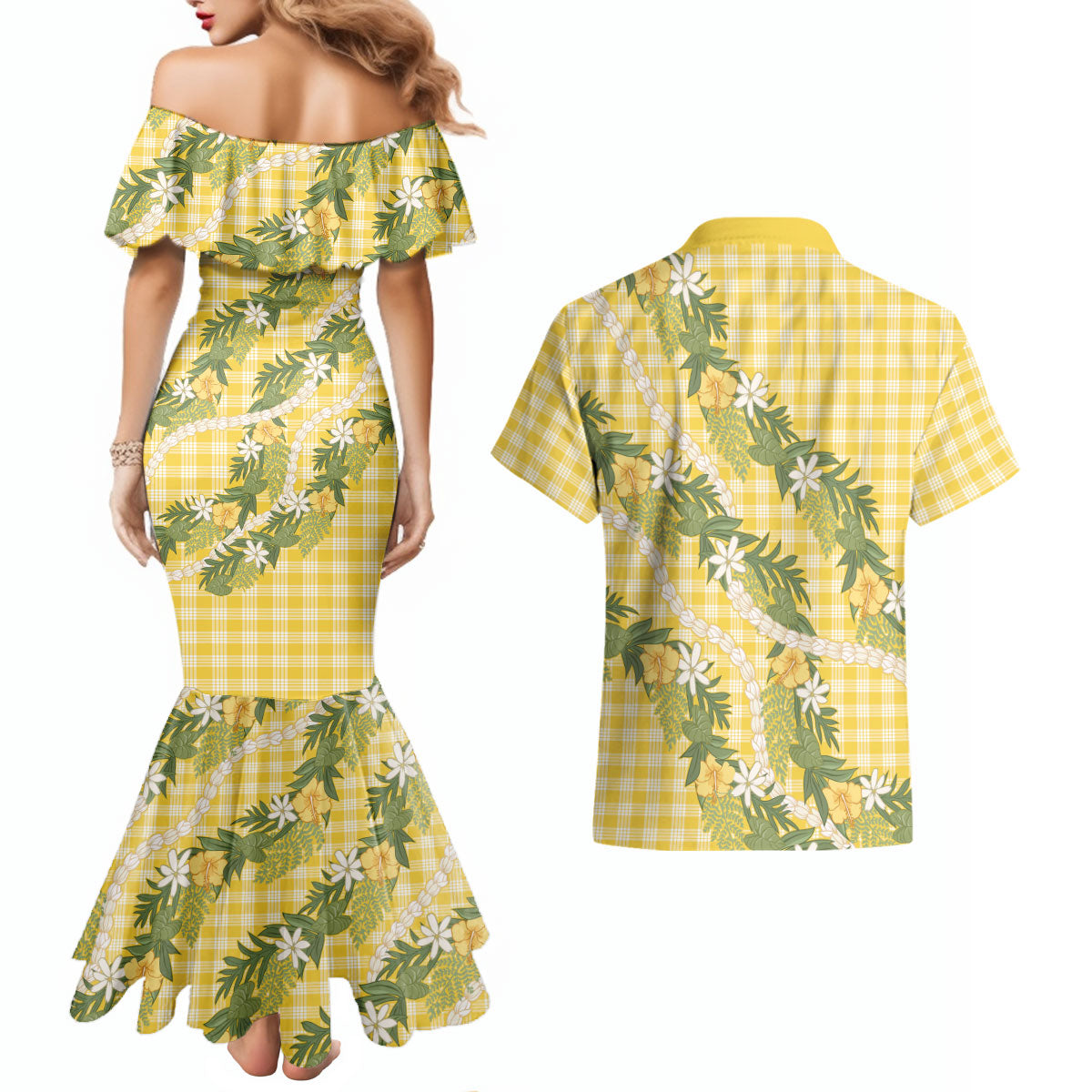 Aloha Puakenikeni Anthurium Pikake Lei Couples Matching Mermaid Dress and Hawaiian Shirt Gold Hawaiian Palaka Pattern