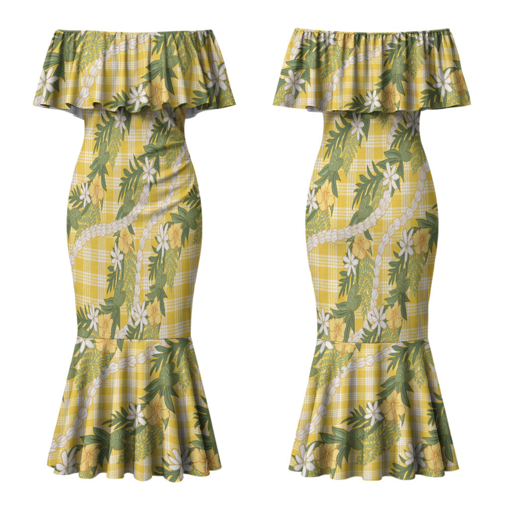 Aloha Puakenikeni Anthurium Pikake Lei Couples Matching Mermaid Dress and Long Sleeve Button Shirt Gold Hawaiian Palaka Pattern LT9 - Polynesian Pride