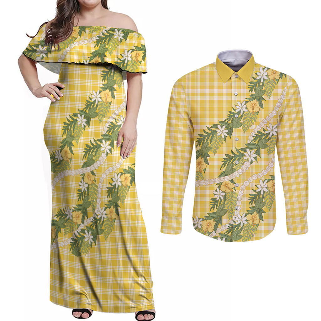 Aloha Puakenikeni Anthurium Pikake Lei Couples Matching Off Shoulder Maxi Dress and Long Sleeve Button Shirt Gold Hawaiian Palaka Pattern