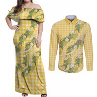 Aloha Puakenikeni Anthurium Pikake Lei Couples Matching Off Shoulder Maxi Dress and Long Sleeve Button Shirt Gold Hawaiian Palaka Pattern