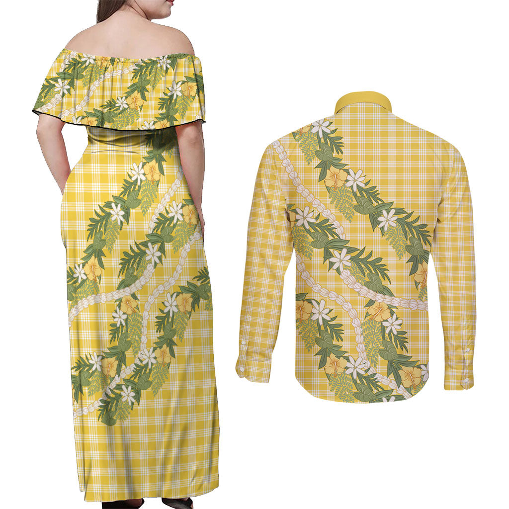 Aloha Puakenikeni Anthurium Pikake Lei Couples Matching Off Shoulder Maxi Dress and Long Sleeve Button Shirt Gold Hawaiian Palaka Pattern