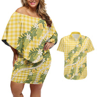 Aloha Puakenikeni Anthurium Pikake Lei Couples Matching Off Shoulder Short Dress and Hawaiian Shirt Gold Hawaiian Palaka Pattern