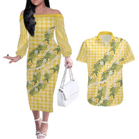 Aloha Puakenikeni Anthurium Pikake Lei Couples Matching Off The Shoulder Long Sleeve Dress and Hawaiian Shirt Gold Hawaiian Palaka Pattern