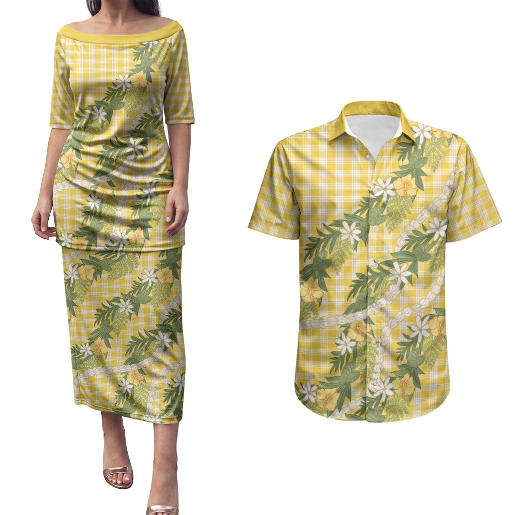 Aloha Puakenikeni Anthurium Pikake Lei Couples Matching Puletasi and Hawaiian Shirt Gold Hawaiian Palaka Pattern LT9 Gold - Polynesian Pride
