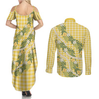 Aloha Puakenikeni Anthurium Pikake Lei Couples Matching Summer Maxi Dress and Long Sleeve Button Shirt Gold Hawaiian Palaka Pattern