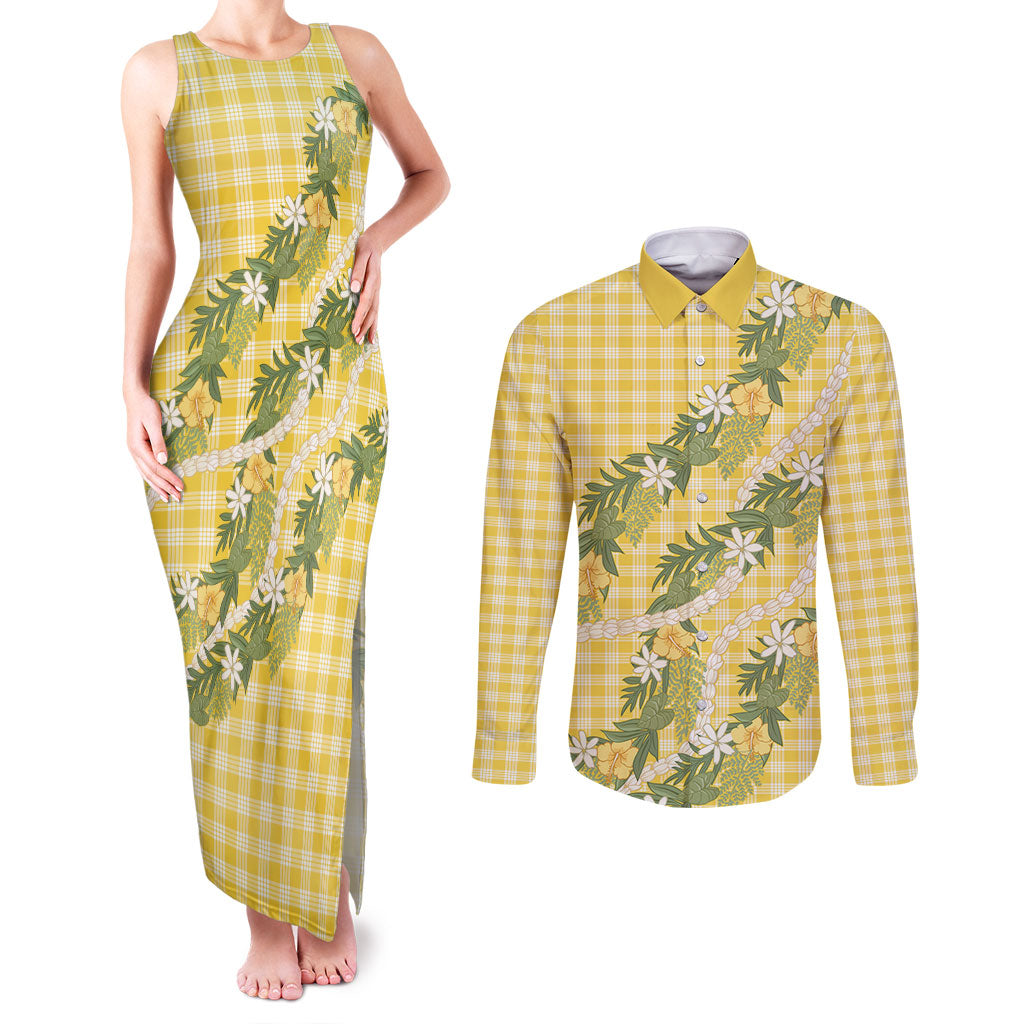 Aloha Puakenikeni Anthurium Pikake Lei Couples Matching Tank Maxi Dress and Long Sleeve Button Shirt Gold Hawaiian Palaka Pattern