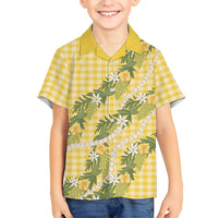 Aloha Puakenikeni Anthurium Pikake Lei Family Matching Long Sleeve Bodycon Dress and Hawaiian Shirt Gold Hawaiian Palaka Pattern