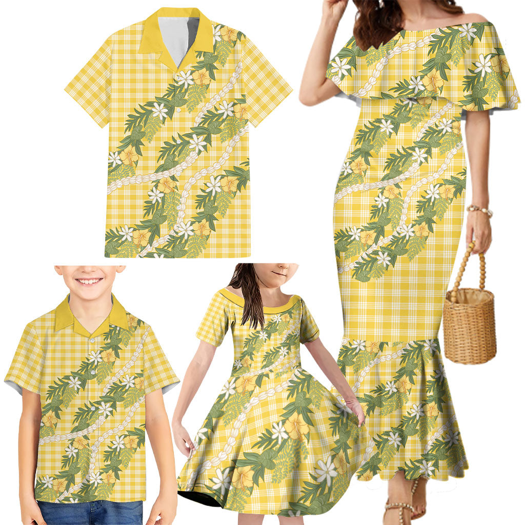 Aloha Puakenikeni Anthurium Pikake Lei Family Matching Mermaid Dress and Hawaiian Shirt Gold Hawaiian Palaka Pattern