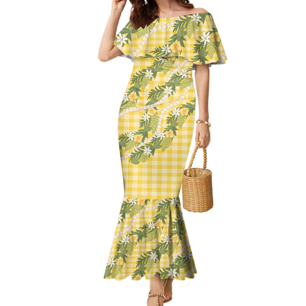 Aloha Puakenikeni Anthurium Pikake Lei Family Matching Mermaid Dress and Hawaiian Shirt Gold Hawaiian Palaka Pattern
