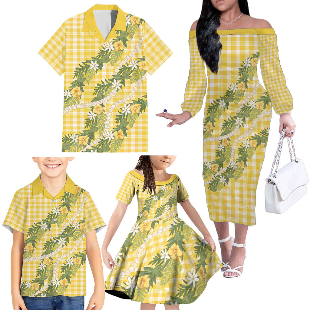 Aloha Puakenikeni Anthurium Pikake Lei Family Matching Off The Shoulder Long Sleeve Dress and Hawaiian Shirt Gold Hawaiian Palaka Pattern