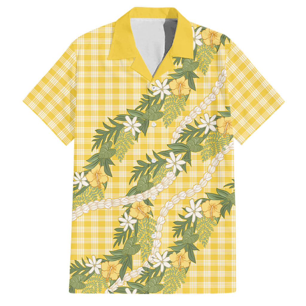 Aloha Puakenikeni Anthurium Pikake Lei Family Matching Off The Shoulder Long Sleeve Dress and Hawaiian Shirt Gold Hawaiian Palaka Pattern