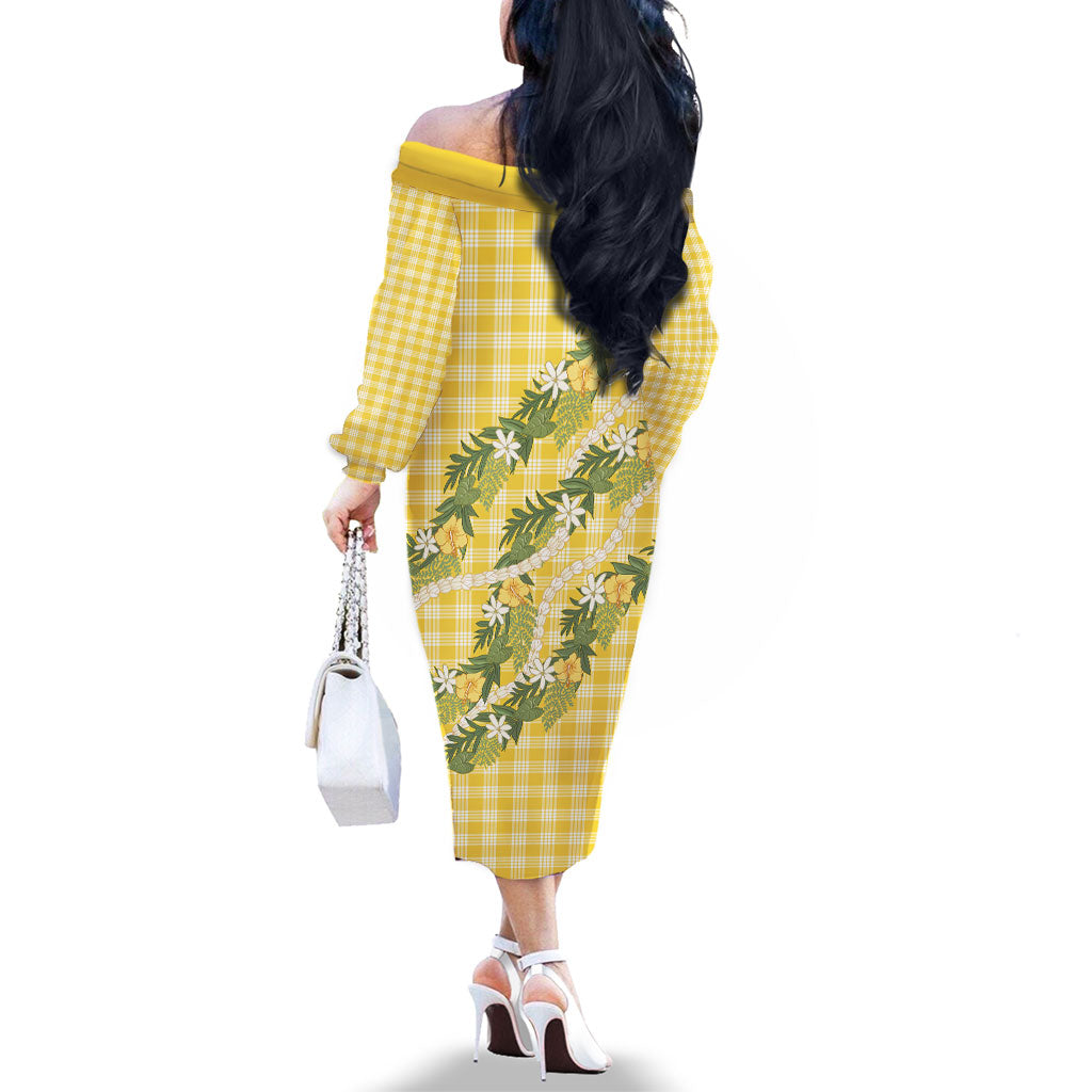 Aloha Puakenikeni Anthurium Pikake Lei Family Matching Off The Shoulder Long Sleeve Dress and Hawaiian Shirt Gold Hawaiian Palaka Pattern