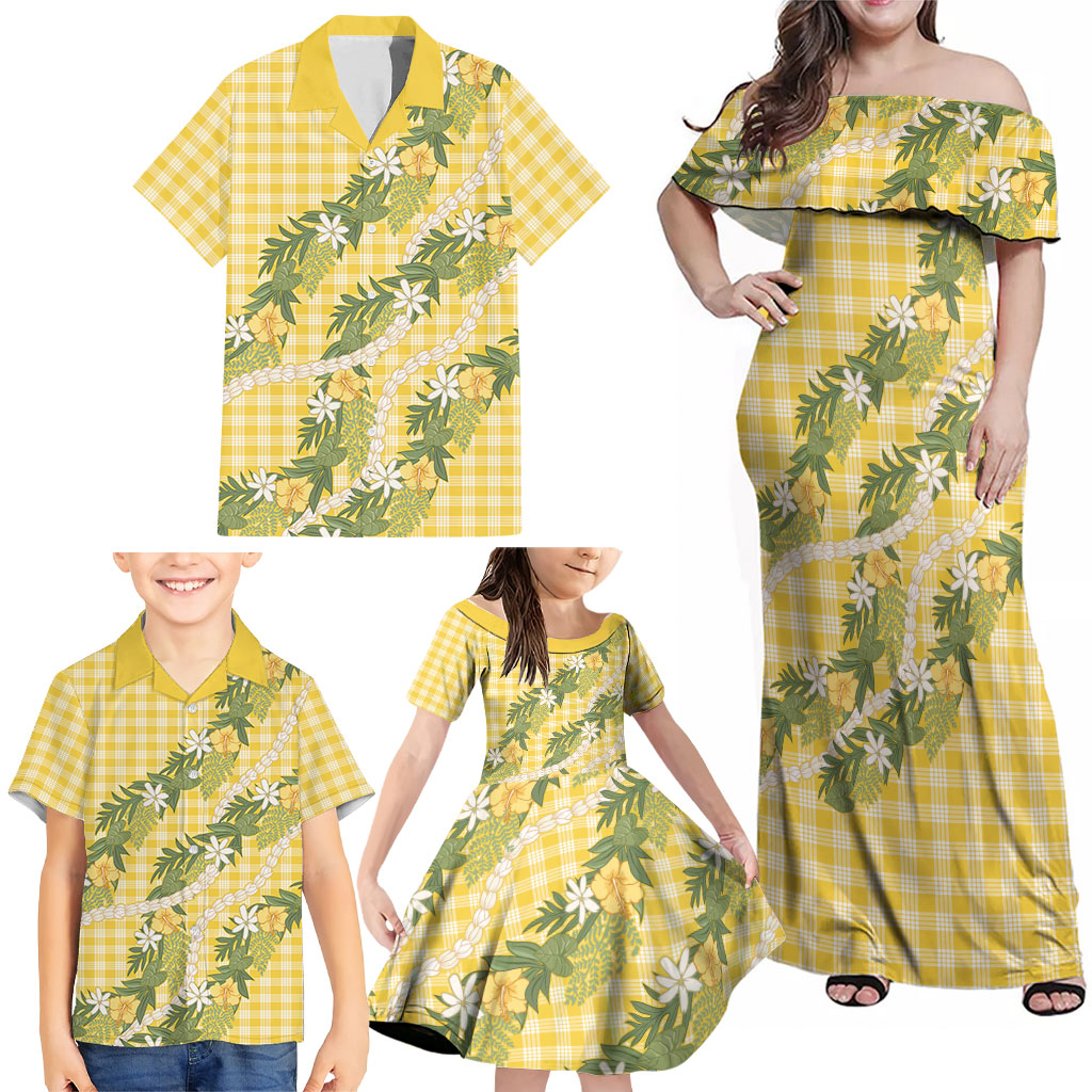Aloha Puakenikeni Anthurium Pikake Lei Family Matching Off Shoulder Maxi Dress and Hawaiian Shirt Gold Hawaiian Palaka Pattern