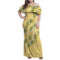 Aloha Puakenikeni Anthurium Pikake Lei Family Matching Off Shoulder Maxi Dress and Hawaiian Shirt Gold Hawaiian Palaka Pattern
