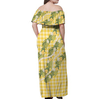 Aloha Puakenikeni Anthurium Pikake Lei Family Matching Off Shoulder Maxi Dress and Hawaiian Shirt Gold Hawaiian Palaka Pattern