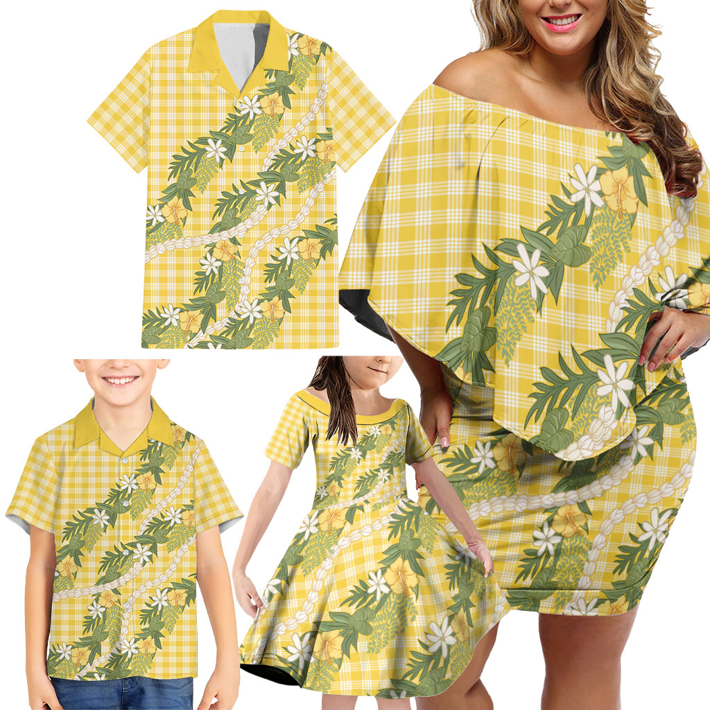 Aloha Puakenikeni Anthurium Pikake Lei Family Matching Off Shoulder Short Dress and Hawaiian Shirt Gold Hawaiian Palaka Pattern