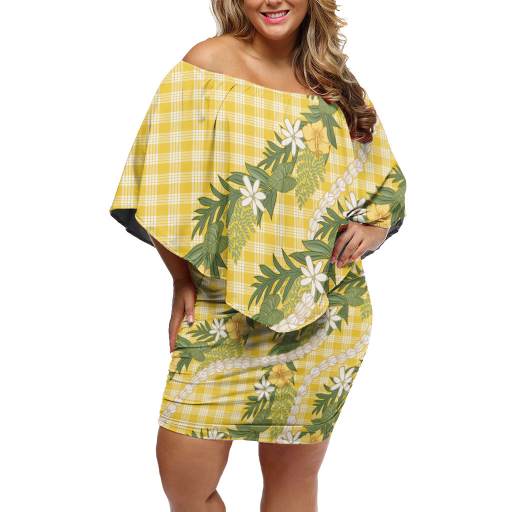 Aloha Puakenikeni Anthurium Pikake Lei Family Matching Off Shoulder Short Dress and Hawaiian Shirt Gold Hawaiian Palaka Pattern