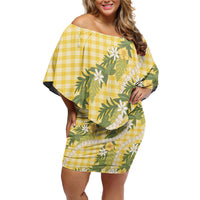Aloha Puakenikeni Anthurium Pikake Lei Family Matching Off Shoulder Short Dress and Hawaiian Shirt Gold Hawaiian Palaka Pattern