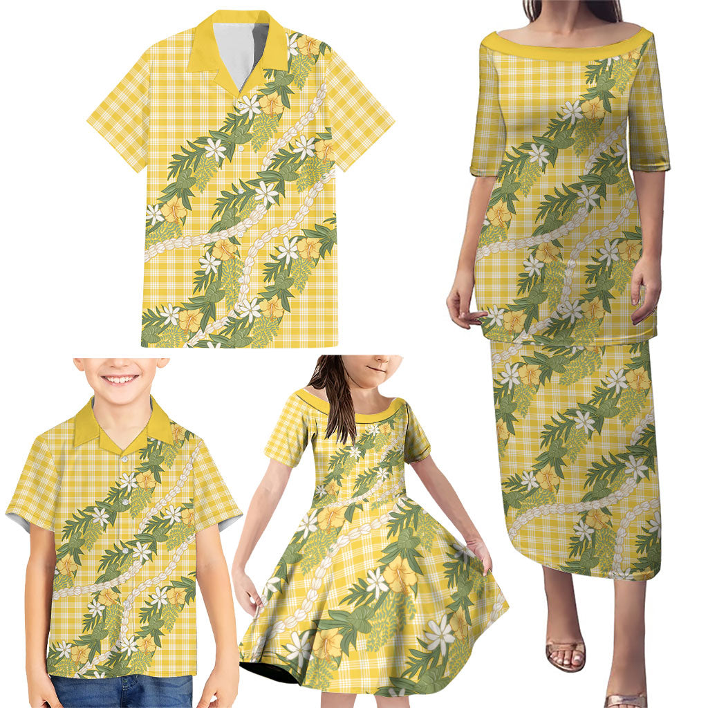 Aloha Puakenikeni Anthurium Pikake Lei Family Matching Puletasi and Hawaiian Shirt Gold Hawaiian Palaka Pattern