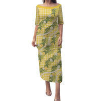 Aloha Puakenikeni Anthurium Pikake Lei Family Matching Puletasi and Hawaiian Shirt Gold Hawaiian Palaka Pattern
