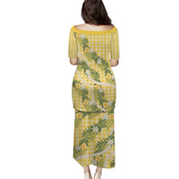 Aloha Puakenikeni Anthurium Pikake Lei Family Matching Puletasi and Hawaiian Shirt Gold Hawaiian Palaka Pattern