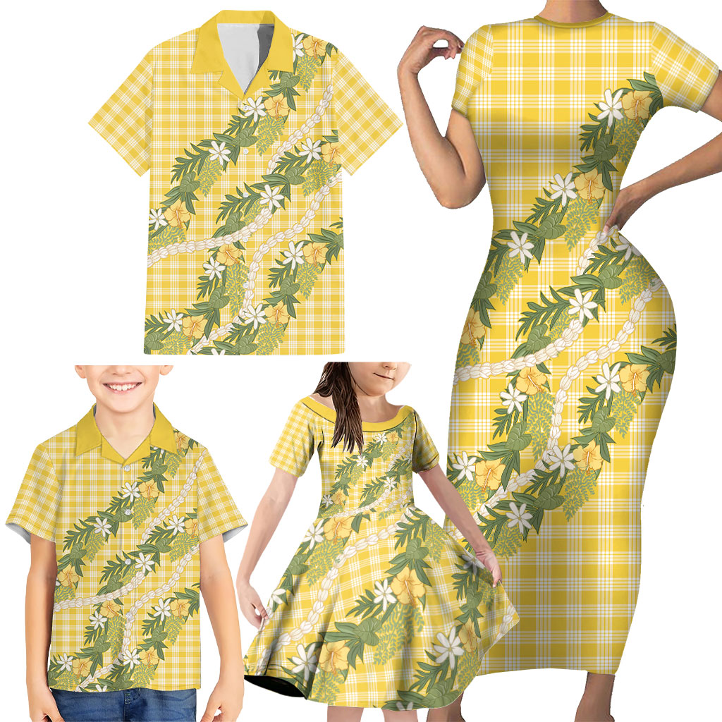 Aloha Puakenikeni Anthurium Pikake Lei Family Matching Short Sleeve Bodycon Dress and Hawaiian Shirt Gold Hawaiian Palaka Pattern